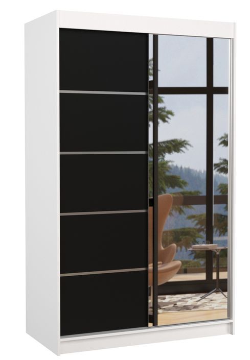 Petite armoire de chambre 2 portes coulissantes bois blanc et noir avec miroir Noka 120 cm - Photo n°1