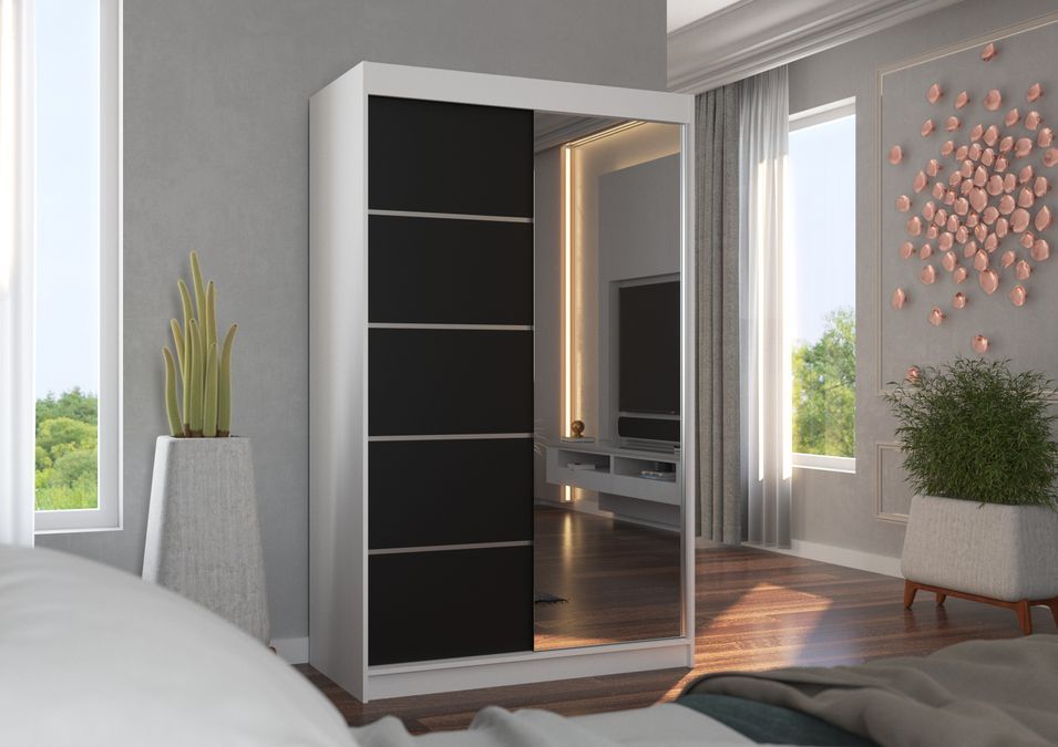 Petite armoire de chambre 2 portes coulissantes bois blanc et noir avec miroir Noka 120 cm - Photo n°2