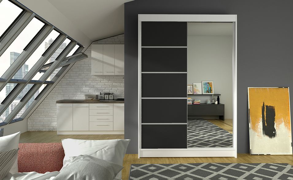 Petite armoire de chambre 2 portes coulissantes bois blanc et noir avec miroir Noka 120 cm - Photo n°3