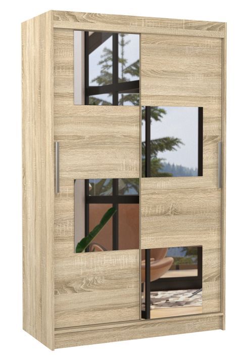 Petite armoire de chambre 2 portes coulissantes bois clair et 4 miroirs Luko 120 cm - Photo n°1