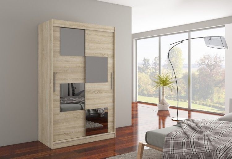 Petite armoire de chambre 2 portes coulissantes bois clair et 4 miroirs Luko 120 cm - Photo n°3