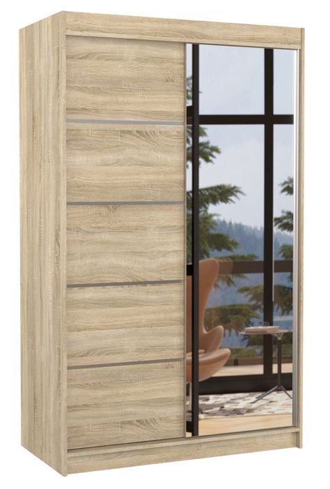 Petite armoire de chambre 2 portes coulissantes bois clair et miroir Noka 120 cm - Photo n°1