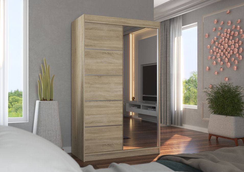 Petite armoire de chambre 2 portes coulissantes bois clair et miroir Noka 120 cm - Photo n°3