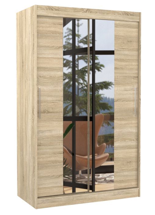 Petite armoire de chambre 2 portes coulissantes bois clair et miroir Tinko 120 cm - Photo n°1