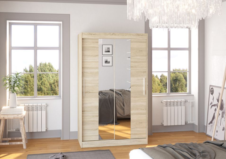 Petite armoire de chambre 2 portes coulissantes bois clair et miroir Tinko 120 cm - Photo n°2