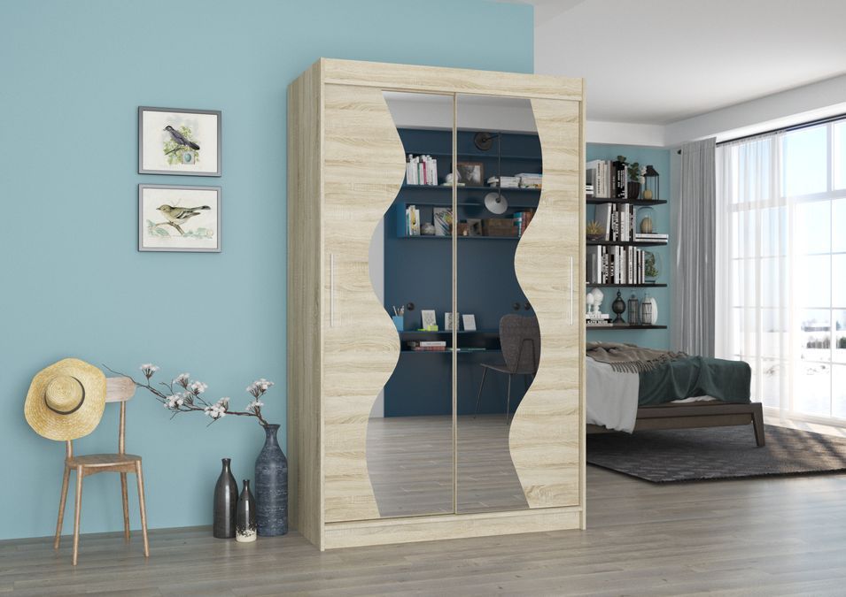 Petite armoire de chambre 2 portes coulissantes bois clair et miroir Vaguz 120 cm - Photo n°2