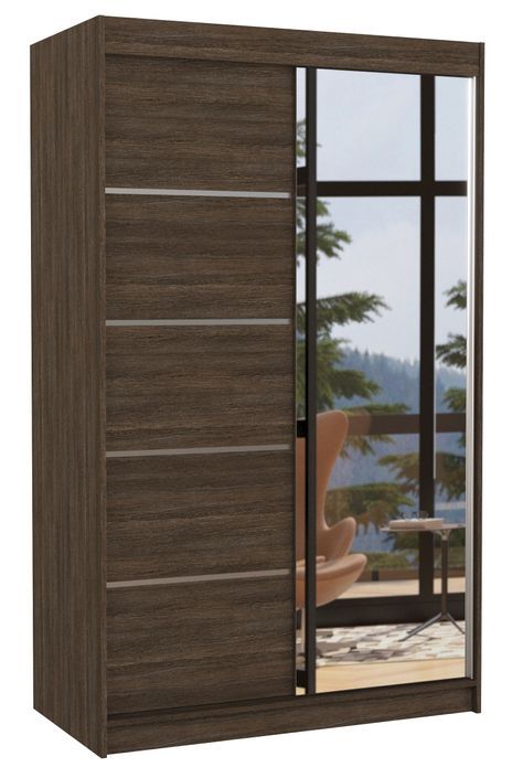 Petite armoire de chambre 2 portes coulissantes bois foncé et miroir Noka 120 cm - Photo n°1