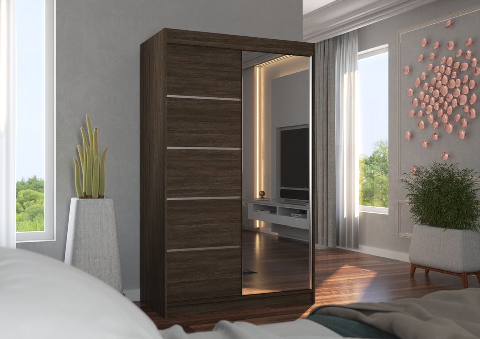 Petite armoire de chambre 2 portes coulissantes bois foncé et miroir Noka 120 cm - Photo n°2