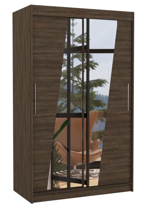 Petite armoire de chambre 2 portes coulissantes bois foncé et miroirs en diagonale Texano 120 cm - Photo n°1