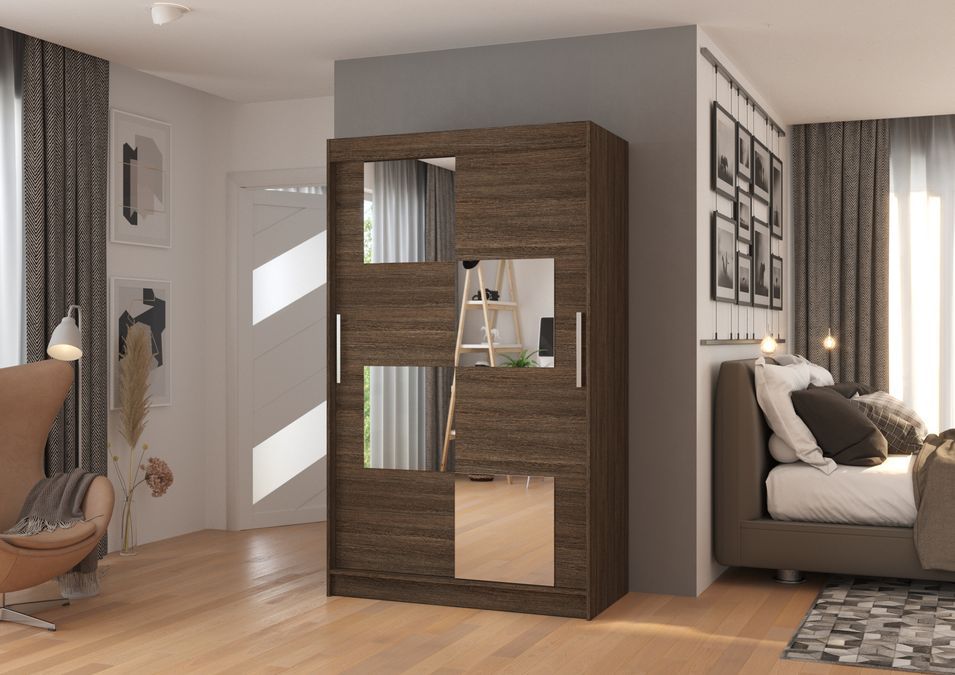 Petite armoire de chambre 2 portes coulissantes bois marron et 4 miroirs Luko 120 cm - Photo n°3