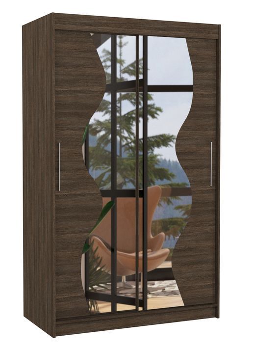 Petite armoire de chambre 2 portes coulissantes bois marron et miroir Vaguz 120 cm - Photo n°1