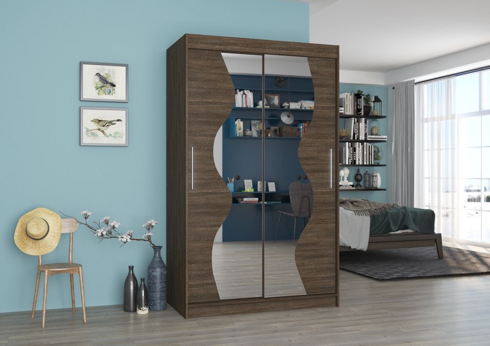 Petite armoire de chambre 2 portes coulissantes bois marron et miroir Vaguz 120 cm - Photo n°2