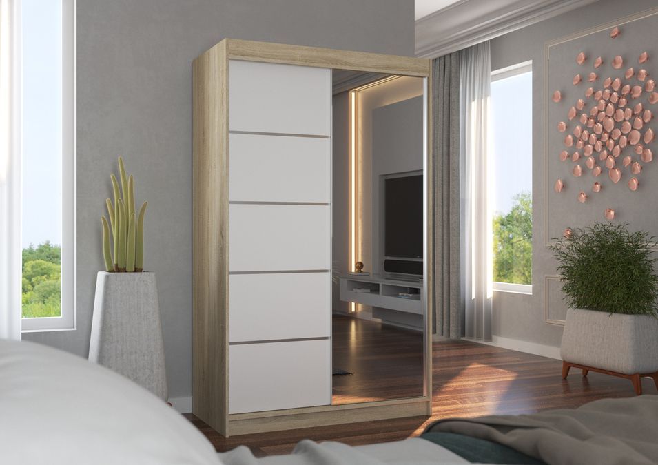 Petite armoire de chambre 2 portes coulissantes bois naturel et blanc avec miroir Noka 120 cm - Photo n°3