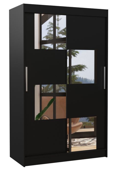 Petite armoire de chambre 2 portes coulissantes bois noir et 4 miroirs Luko 120 cm - Photo n°1