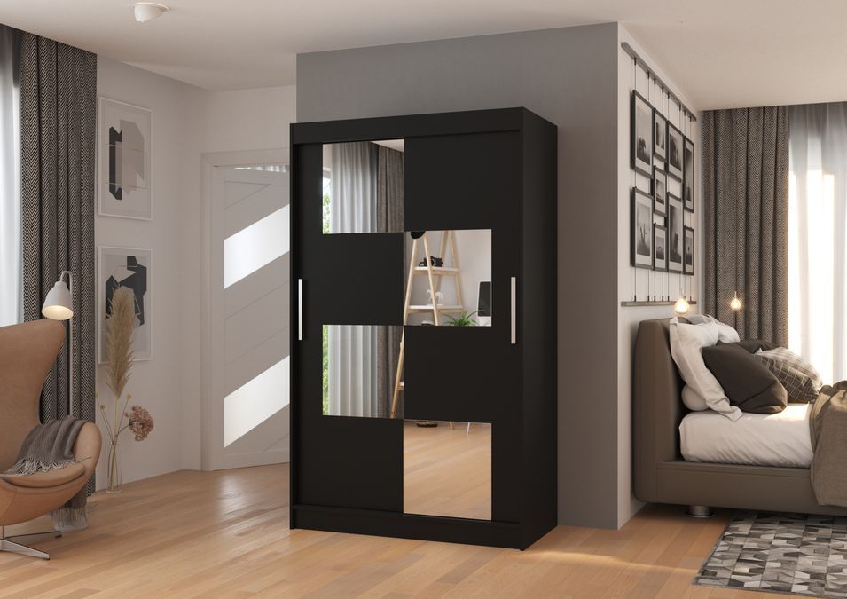 Petite armoire de chambre 2 portes coulissantes bois noir et 4 miroirs Luko 120 cm - Photo n°2