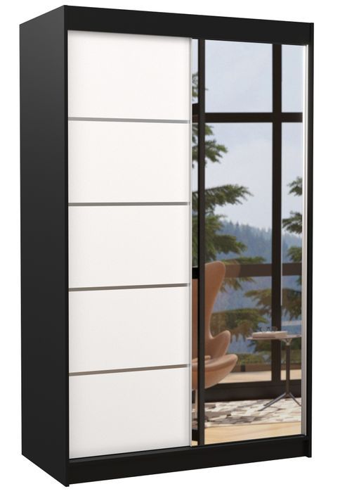 Petite armoire de chambre 2 portes coulissantes bois noir et blanc avec miroir Noka 120 cm - Photo n°1