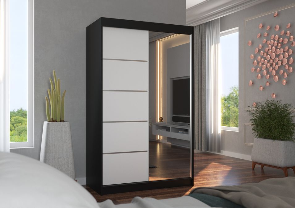 Petite armoire de chambre 2 portes coulissantes bois noir et blanc avec miroir Noka 120 cm - Photo n°2