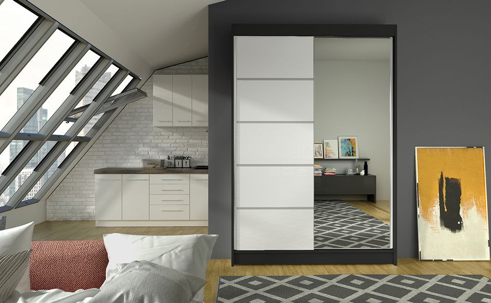 Petite armoire de chambre 2 portes coulissantes bois noir et blanc avec miroir Noka 120 cm - Photo n°3