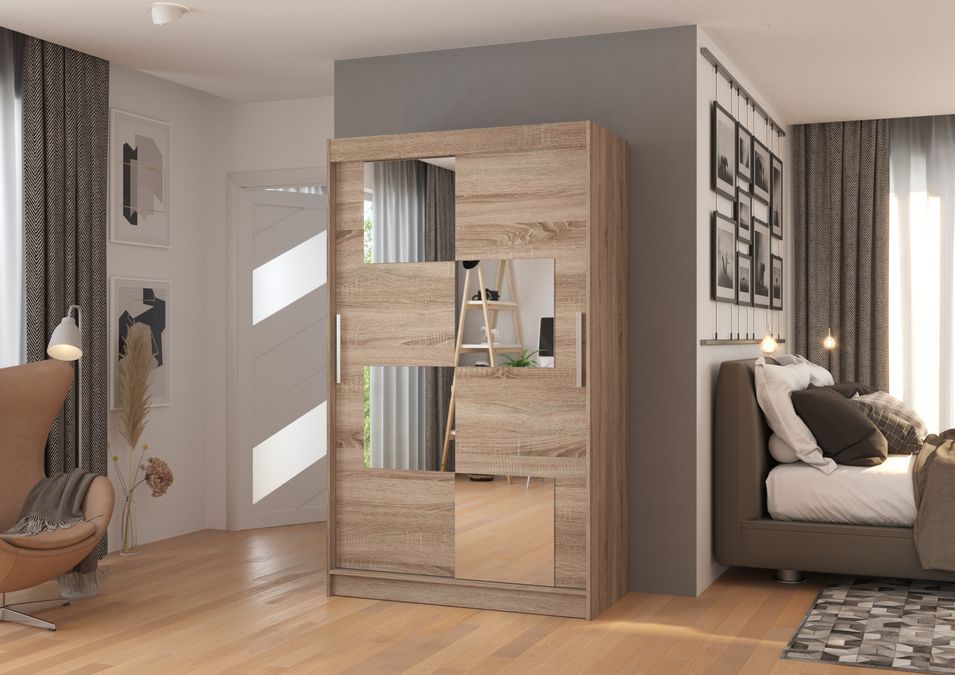 Petite armoire de chambre 2 portes coulissantes bois truffe et 4 miroirs Luko 120 cm - Photo n°3