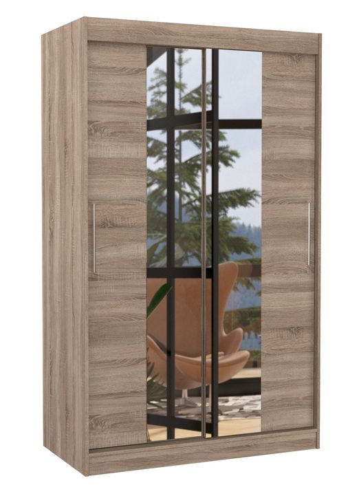 Petite armoire de chambre 2 portes coulissantes bois truffe et miroir Tinko 120 cm - Photo n°1