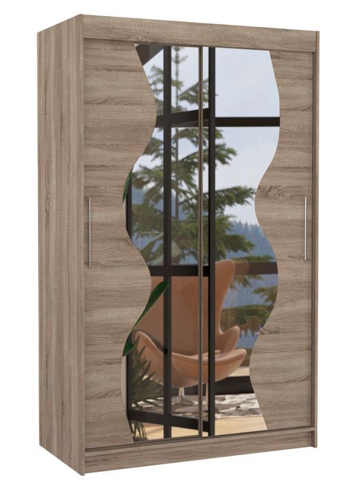 Petite armoire de chambre 2 portes coulissantes bois truffe et miroir Vaguz 120 cm - Photo n°1