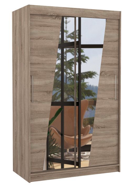 Petite armoire de chambre 2 portes coulissantes bois truffe et miroirs en diagonale Texano 120 cm - Photo n°1