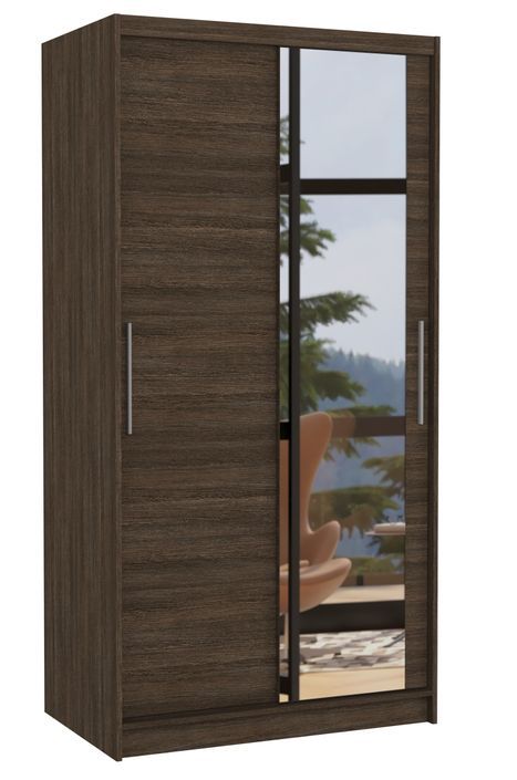 Petite armoire de chambre 2 portes coulissantes marron avec miroir Bazo 100 cm - Photo n°1