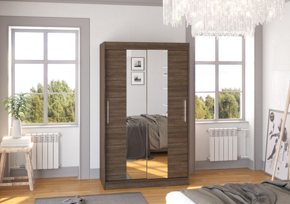 Petite armoire de chambre 2 portes coulissantes marron et miroir Tinko 120 cm - Photo n°3