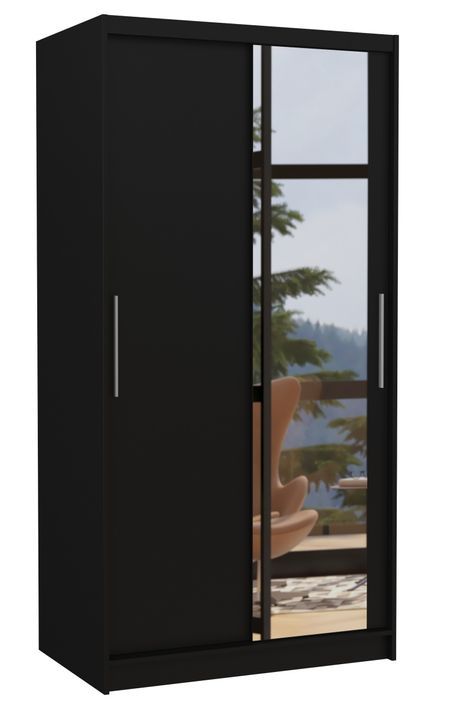 Petite armoire de chambre 2 portes coulissantes noir avec miroir Bazo 100 cm - Photo n°1