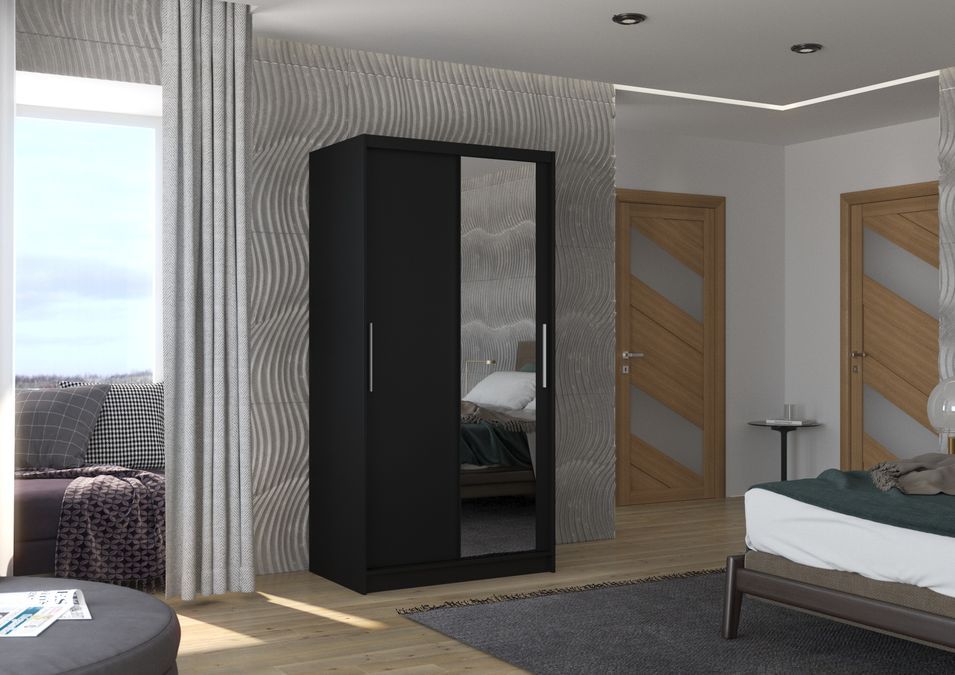 Petite armoire de chambre 2 portes coulissantes noir avec miroir Bazo 100 cm - Photo n°2