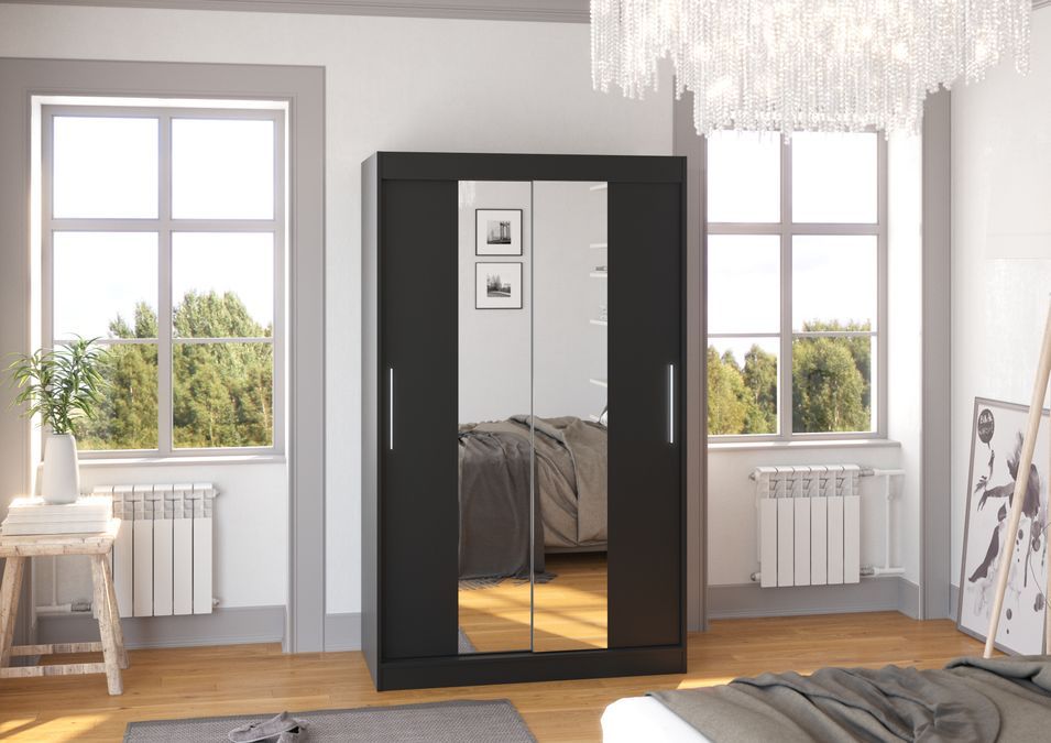 Petite armoire de chambre 2 portes coulissantes noir et miroir Tinko 120 cm - Photo n°2