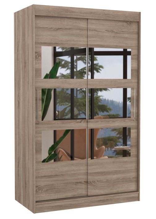 Petite armoire de chambre à coucher 2 portes coulissantes bois truffe avec 6 miroir Kolida 120 cm - Photo n°1