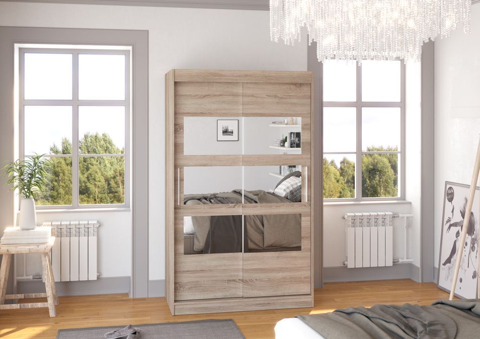 Petite armoire de chambre à coucher 2 portes coulissantes bois truffe avec 6 miroir Kolida 120 cm - Photo n°3