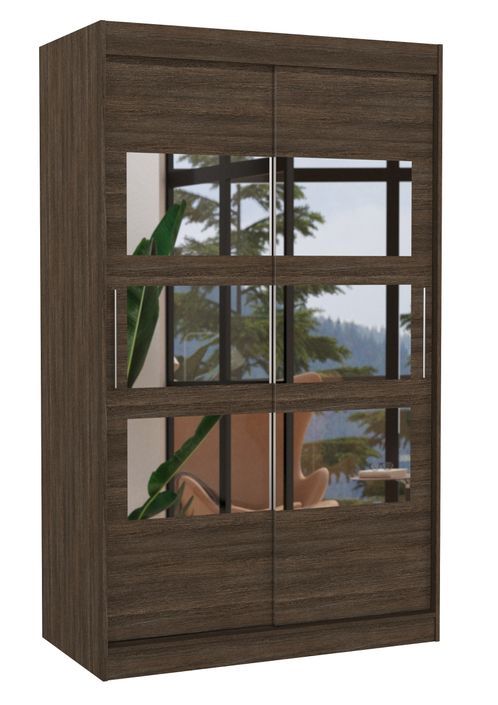 Petite armoire de chambre à coucher 2 portes coulissantes marron avec 6 miroir Kolida 120 cm - Photo n°1