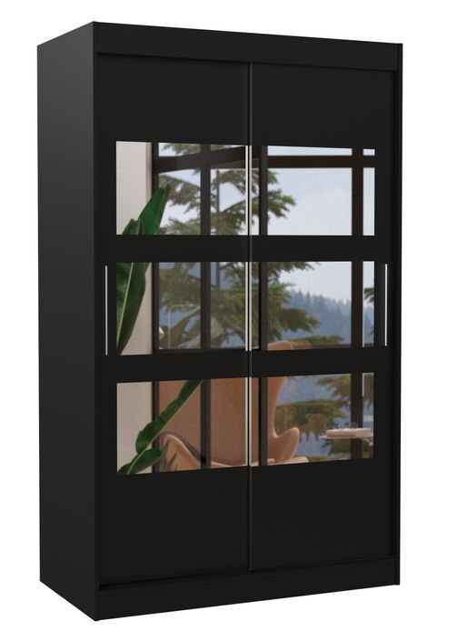Petite armoire de chambre à coucher 2 portes coulissantes noir avec 6 miroir Kolida 120 cm - Photo n°1