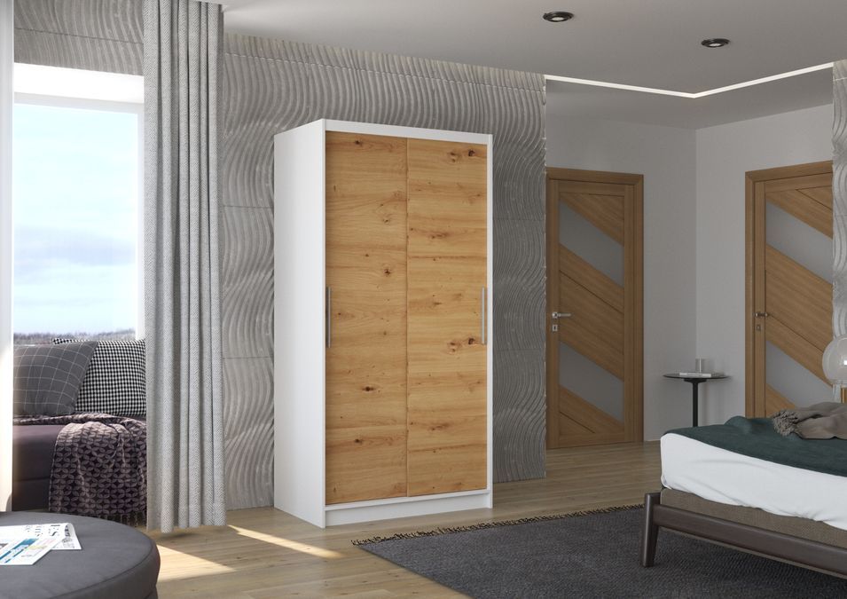 Petite armoire de chambre à coucher blanche 2 portes coulissantes bois artisan Kilane 100 cm - Photo n°2