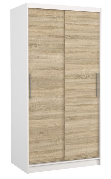 Petite armoire de chambre à coucher blanche 2 portes coulissantes bois clair artisan Kilane 100 cm - Photo n°1