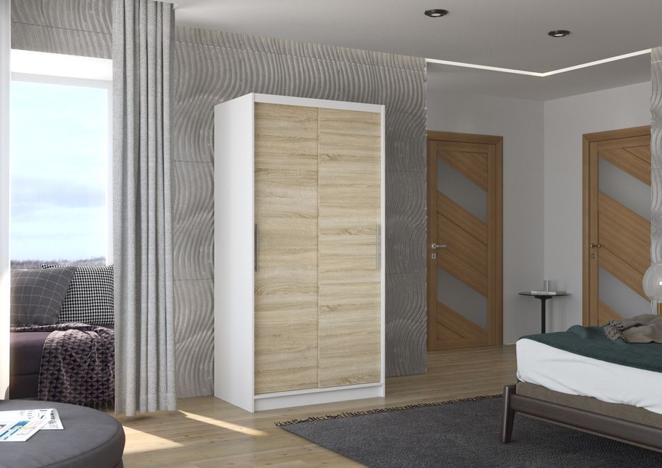 Petite armoire de chambre à coucher blanche 2 portes coulissantes bois clair artisan Kilane 100 cm - Photo n°2