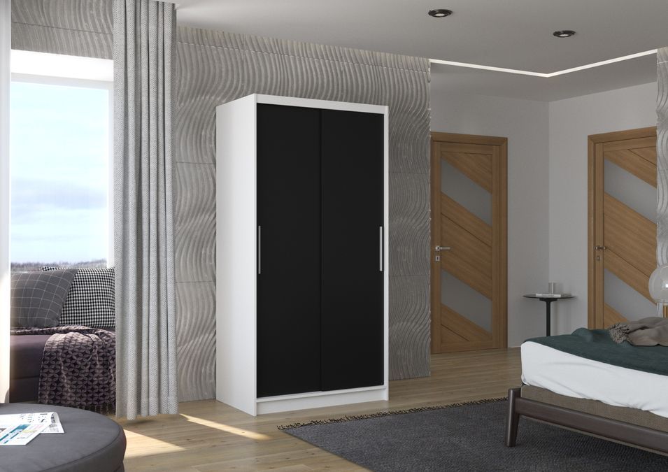 Petite armoire de chambre à coucher blanche 2 portes coulissantes noir Kilane 100 cm - Photo n°2