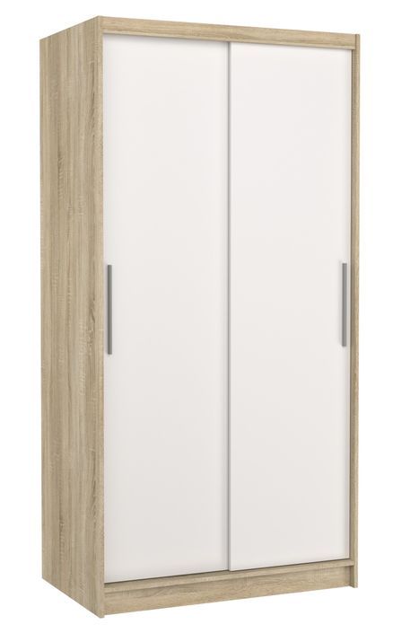 Petite armoire de chambre à coucher bois clair 2 portes coulissantes blanches Kilane 100 cm - Photo n°1