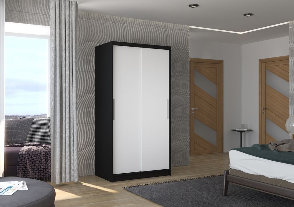 Petite armoire de chambre à coucher noir 2 portes coulissantes blanches Kilane 100 cm - Photo n°2