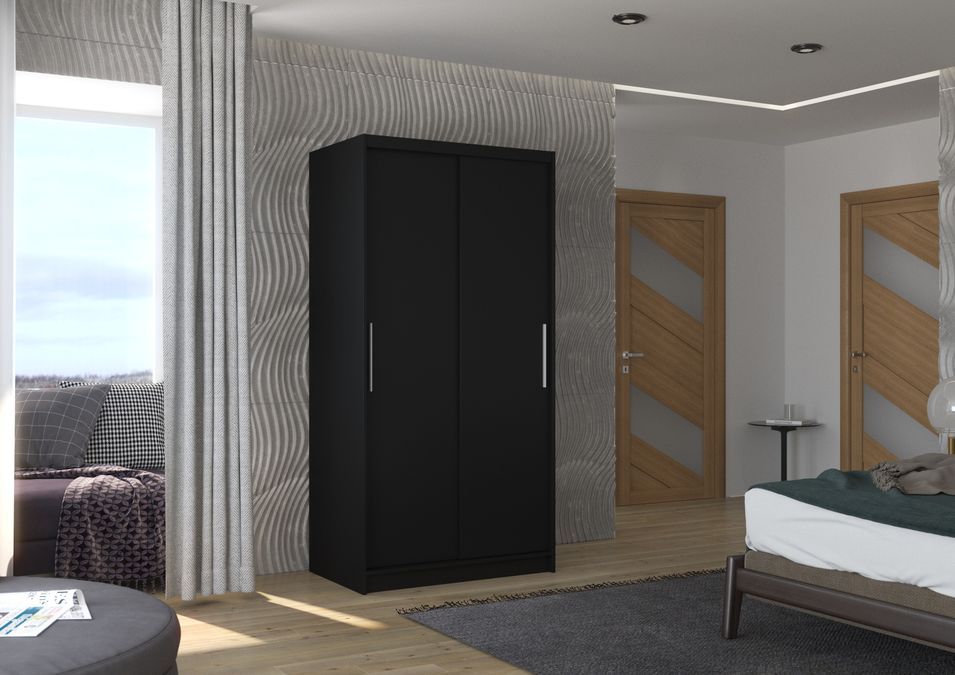 Petite armoire de chambre à coucher noir 2 portes coulissantes Kilane 100 cm - Photo n°2