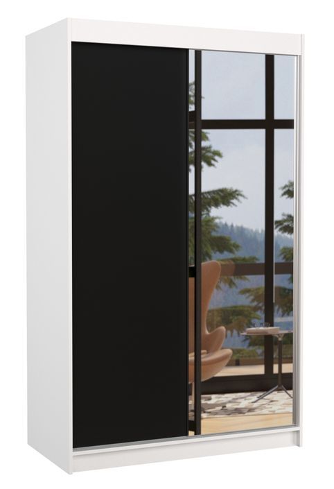 Petite armoire de chambre blanche 2 portes coulissantes 1 bois noir 1 miroir Roxane 120 cm - Photo n°1