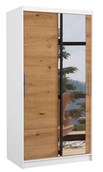 Petite armoire de chambre blanche 2 portes coulissantes bois artisan et miroir Bazo 100 cm - Photo n°1