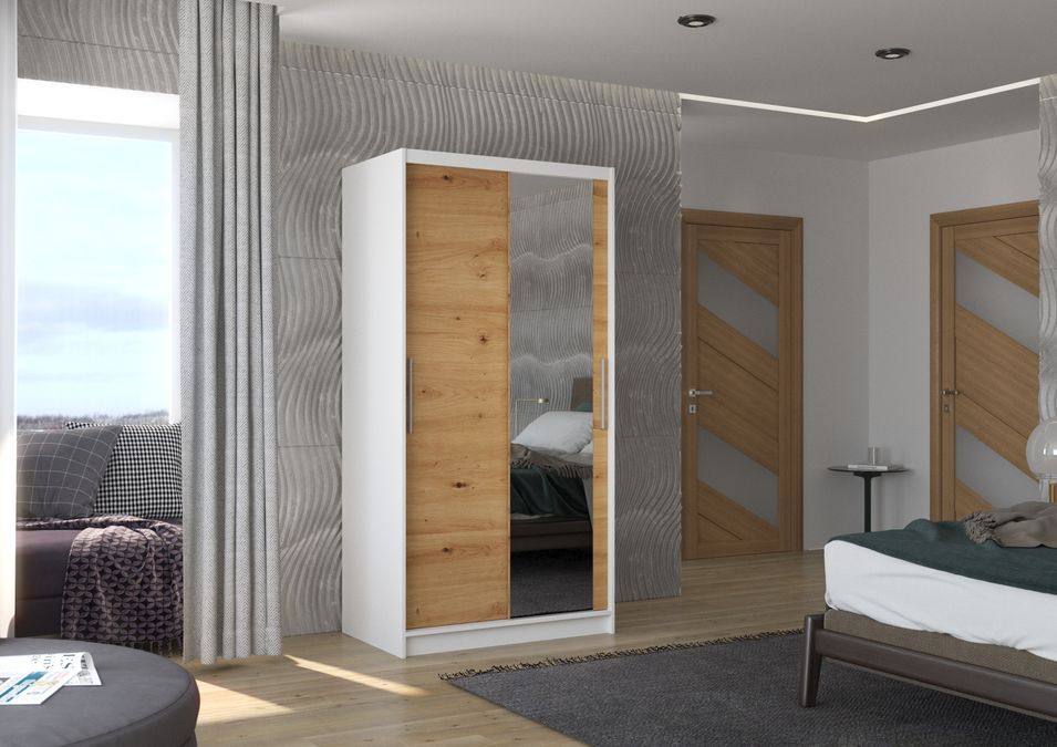Petite armoire de chambre blanche 2 portes coulissantes bois artisan et miroir Bazo 100 cm - Photo n°2