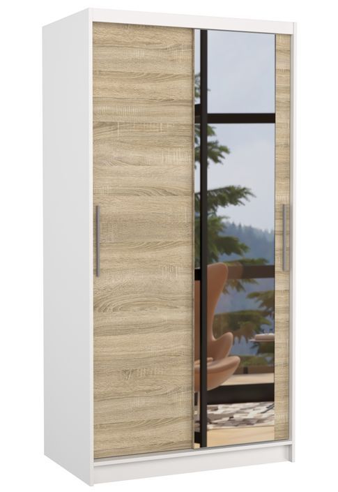 Petite armoire de chambre blanche 2 portes coulissantes bois naturel et miroir Bazo 100 cm - Photo n°1