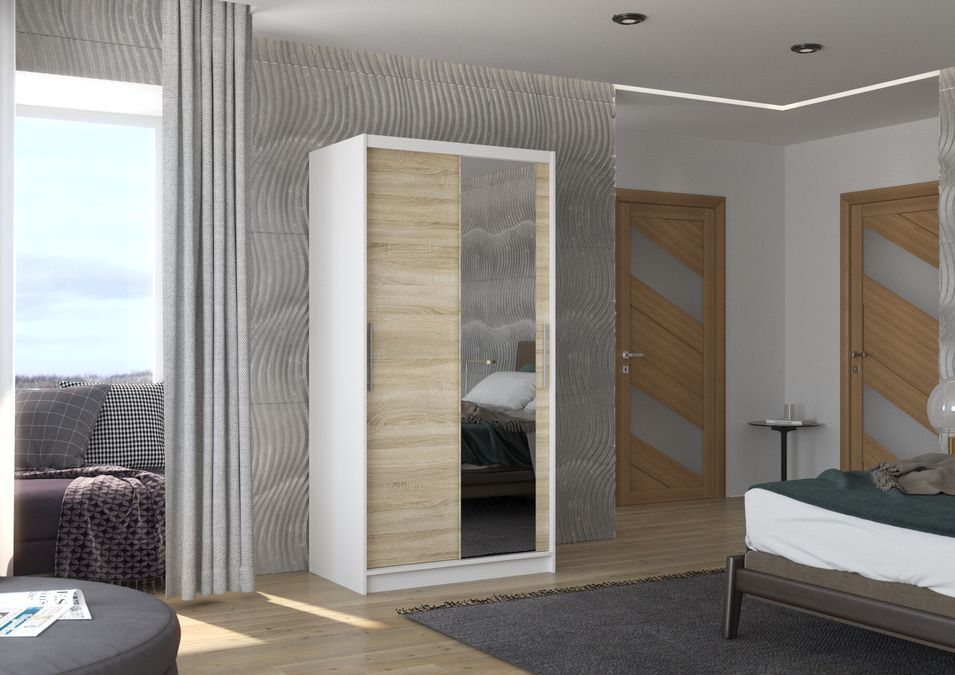 Petite armoire de chambre blanche 2 portes coulissantes bois naturel et miroir Bazo 100 cm - Photo n°2