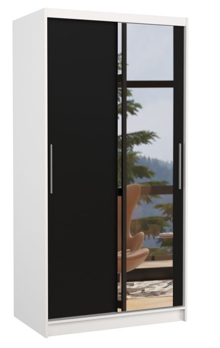 Petite armoire de chambre blanche 2 portes coulissantes bois noir et miroir Bazo 100 cm - Photo n°1