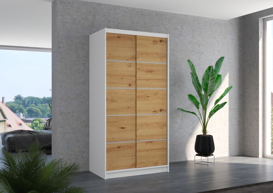 Petite armoire de chambre blanche 2 portes coulissantes en bois artisan Rika 100 cm - Photo n°2
