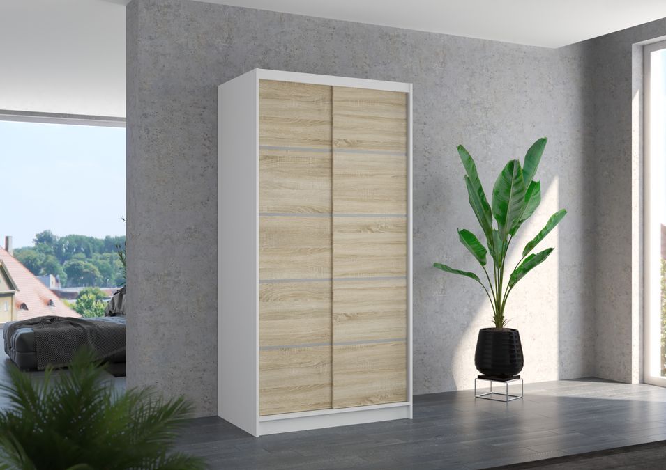 Petite armoire de chambre blanche 2 portes coulissantes en bois clair Rika 100 cm - Photo n°2